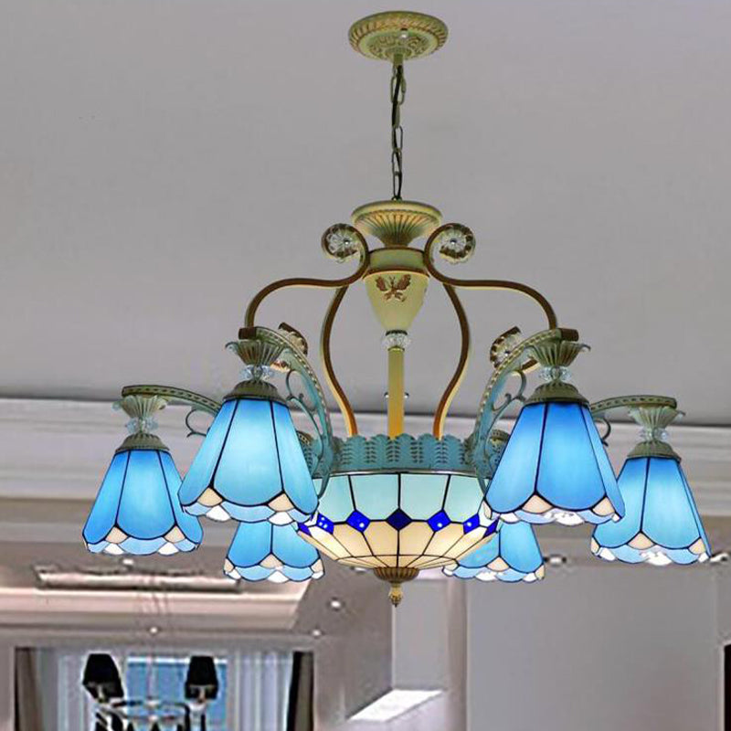 31,5 "/37,5" Cône de large Cône Tacon Tanage Pendant lustre Baroque Style 8/11 Lumières Éclairage de suspension blanche / bleue