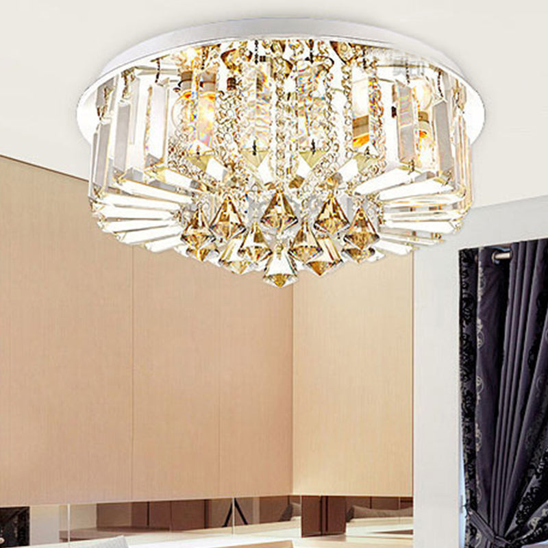 Silver Circular LED Flush Mount in Modern Luxury Style Stainless-Steel Ceiling Light with Crystal Shade