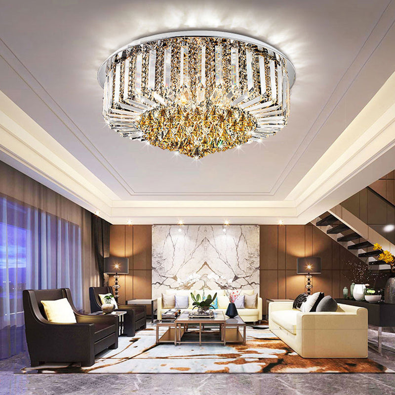 Silver Circular LED Flush Mount in Modern Luxury Style Stainless-Steel Ceiling Light with Crystal Shade