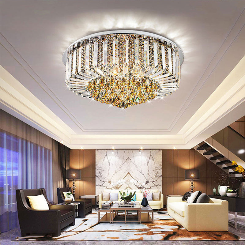 Silver Circular LED Flush Mount in Modern Luxury Style Stainless-Steel Ceiling Light with Crystal Shade