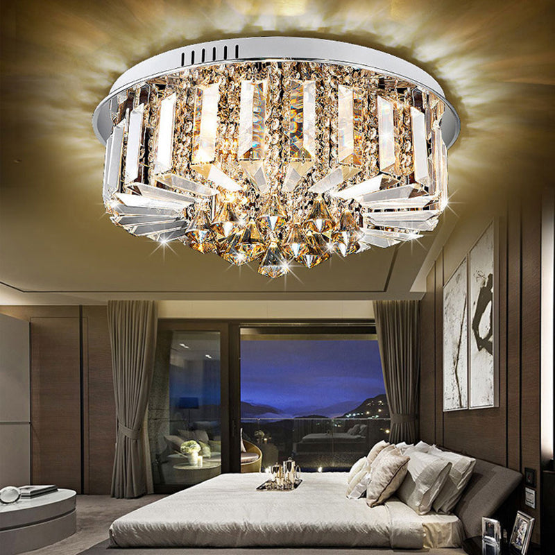 Silver Circular LED Flush Mount in Modern Luxury Style Stainless-Steel Ceiling Light with Crystal Shade