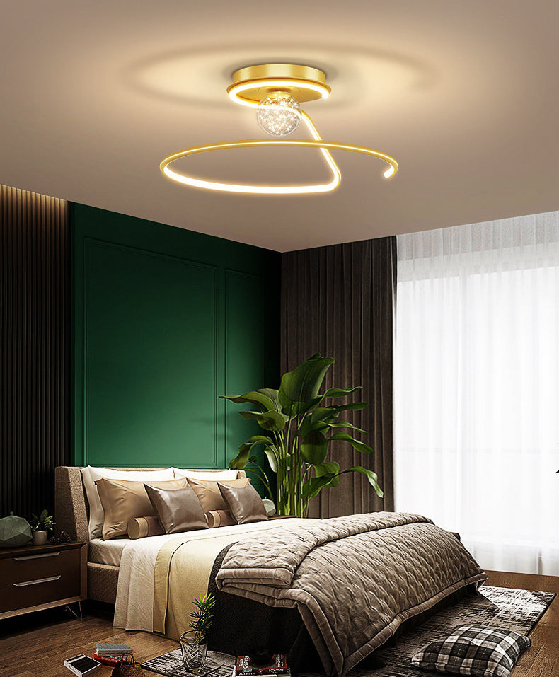 Minimalist Curvaceous Flush Lamp Metallic Bedroom Flush Mount Lighting with Starry Glass Shade