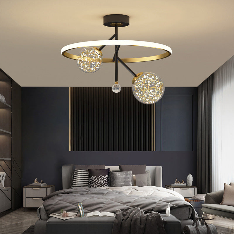 Black and Gold Loop Semi Flush Light Simple Style Metal LED Ceiling Light with Ball Clear Glass Shade