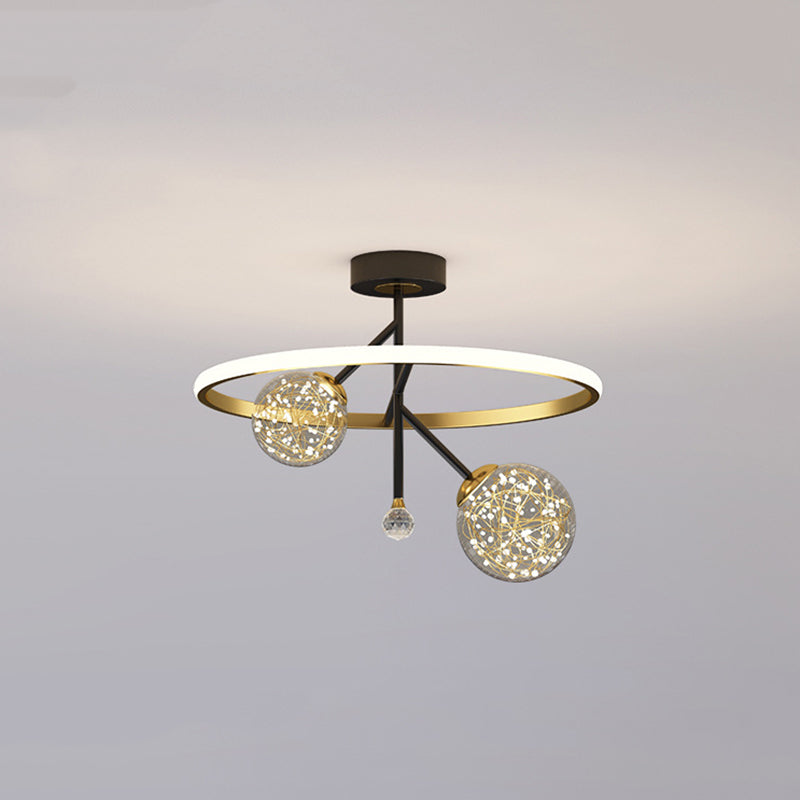 Black and Gold Loop Semi Flush Light Simple Style Metal LED Ceiling Light with Ball Clear Glass Shade