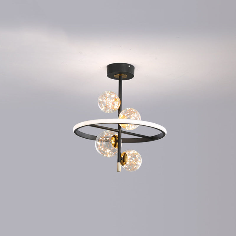 Black and Gold Loop Semi Flush Light Simple Style Metal LED Ceiling Light with Ball Clear Glass Shade