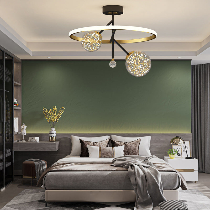 Black and Gold Loop Semi Flush Light Simple Style Metal LED Ceiling Light with Ball Clear Glass Shade