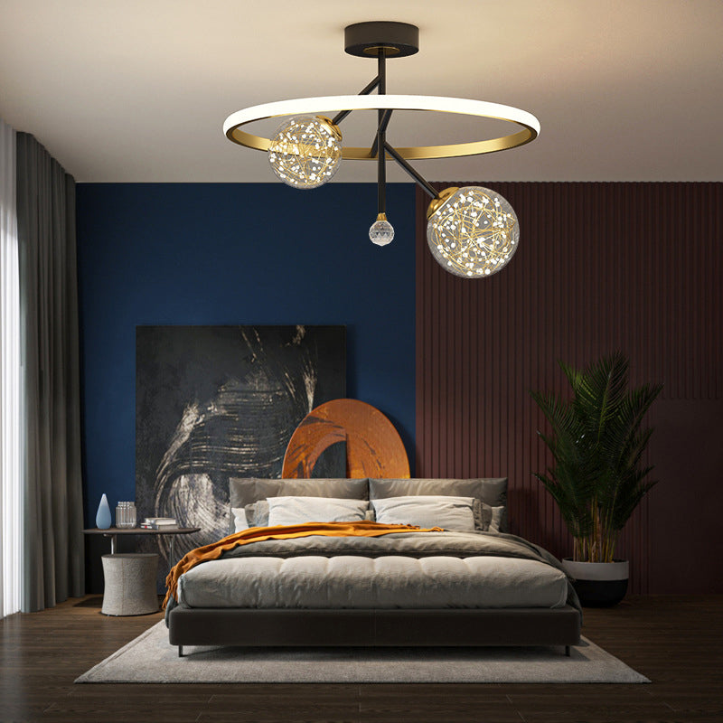 Black and Gold Loop Semi Flush Light Simple Style Metal LED Ceiling Light with Ball Clear Glass Shade