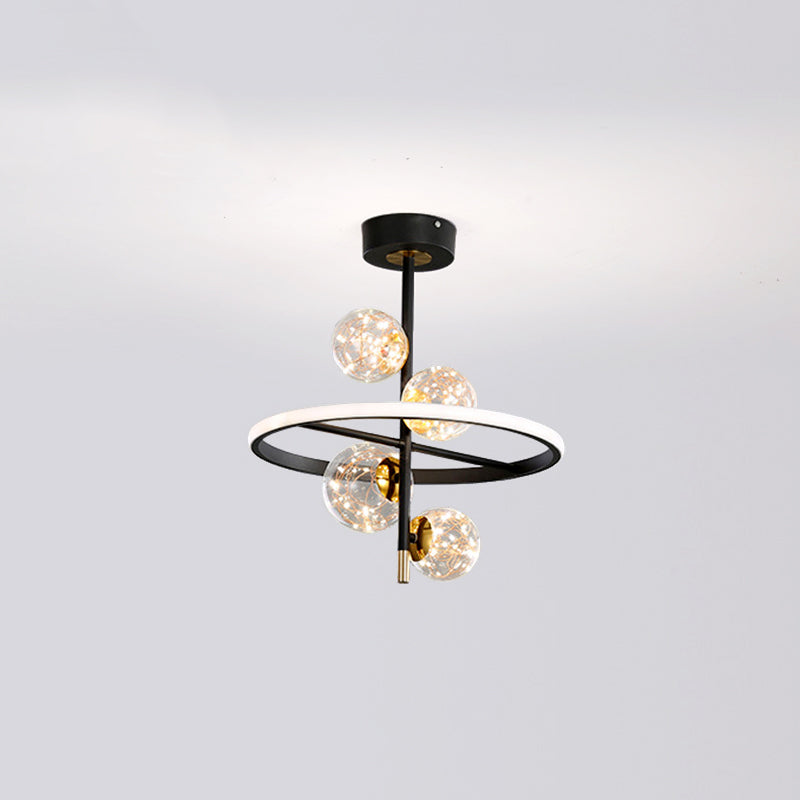 Black and Gold Loop Semi Flush Light Simple Style Metal LED Ceiling Light with Ball Clear Glass Shade