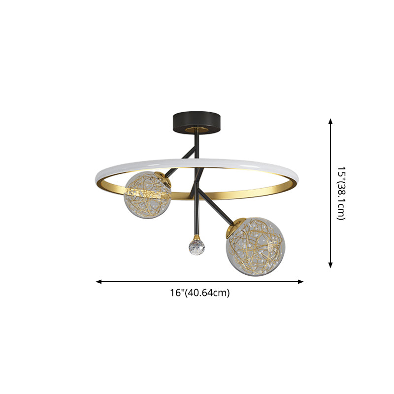 Black and Gold Loop Semi Flush Light Simple Style Metal LED Ceiling Light with Ball Clear Glass Shade