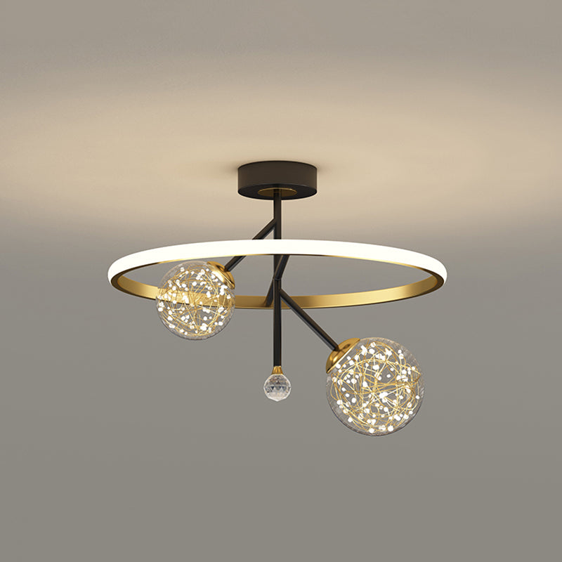 Black and Gold Loop Semi Flush Light Simple Style Metal LED Ceiling Light with Ball Clear Glass Shade