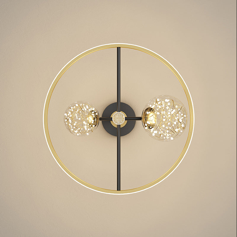 Black and Gold Loop Semi Flush Light Simple Style Metal LED Ceiling Light with Ball Clear Glass Shade