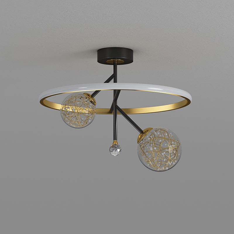 Black and Gold Loop Semi Flush Light Simple Style Metal LED Ceiling Light with Ball Clear Glass Shade