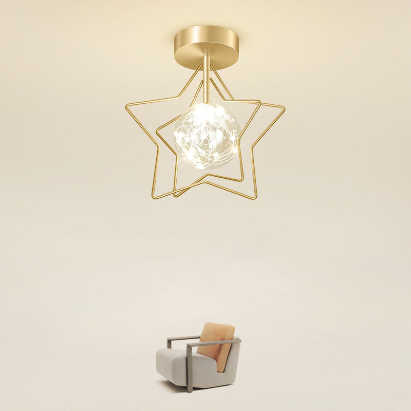 Ball and Star Shaded Ceiling Fixture Nordic Transparent Glass Balcony LED Flush Light in Gold