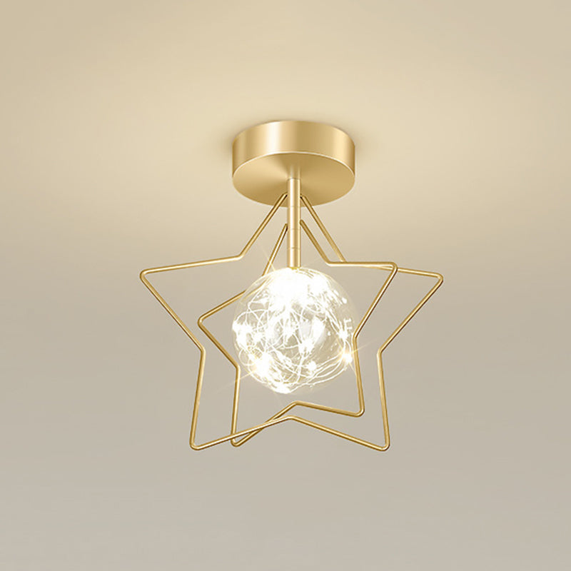 Ball and Star Shaded Ceiling Fixture Nordic Transparent Glass Balcony LED Flush Light in Gold