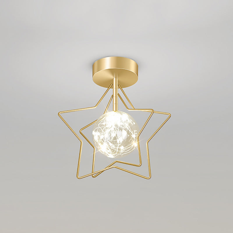 Ball and Star Shaded Ceiling Fixture Nordic Transparent Glass Balcony LED Flush Light in Gold