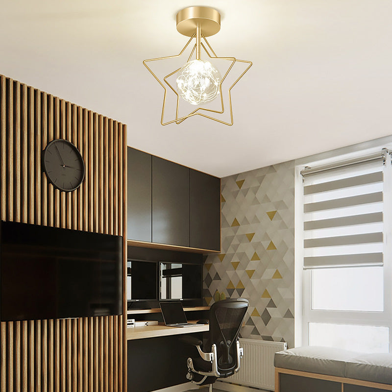 Ball and Star Shaded Ceiling Fixture Nordic Transparent Glass Balcony LED Flush Light in Gold