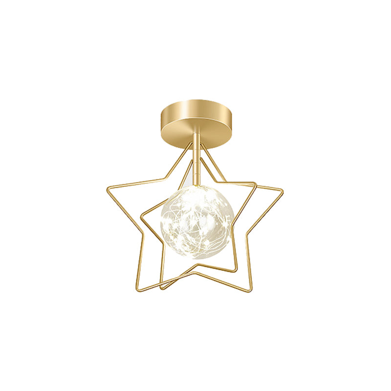 Ball and Star Shaded Ceiling Fixture Nordic Transparent Glass Balcony LED Flush Light in Gold