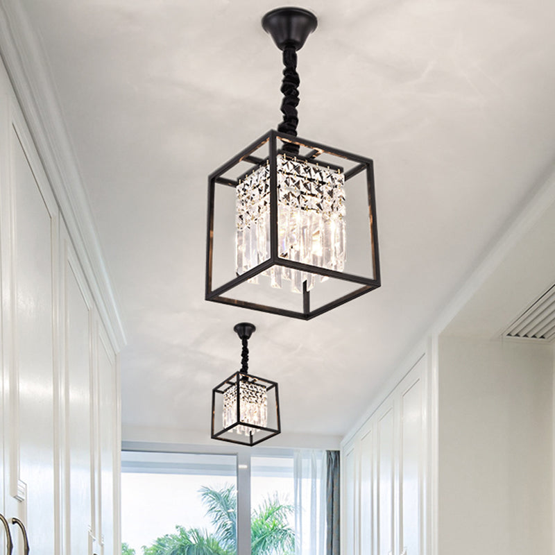 Black Square Suspension Lighting Modernism Three Sided Crystal Rod 2 Heads Corridor Pendant Chandelier