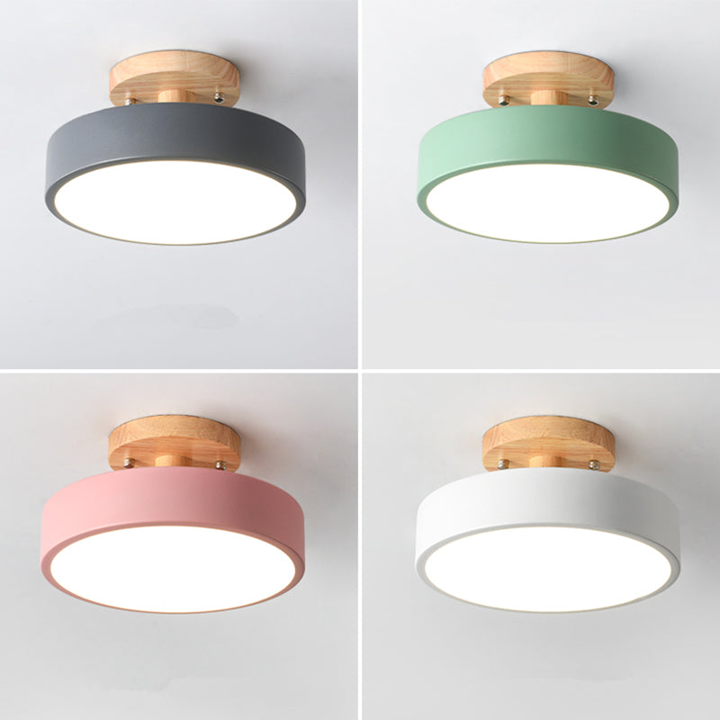 Nordic Drum Ceiling Light Flush Mount 1-Light LED Wood Ceiling Mounted Fixture