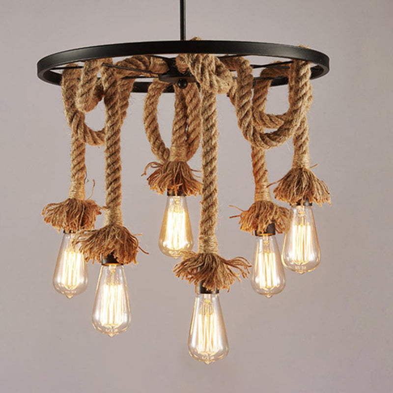 Industrial Exposed Bulb Chandelier Lamp Rope Suspension Pendant Light for Living Room