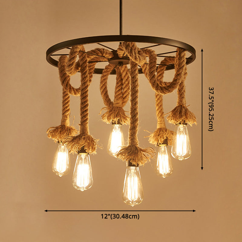 Industrial Exposed Bulb Chandelier Lamp Rope Suspension Pendant Light for Living Room