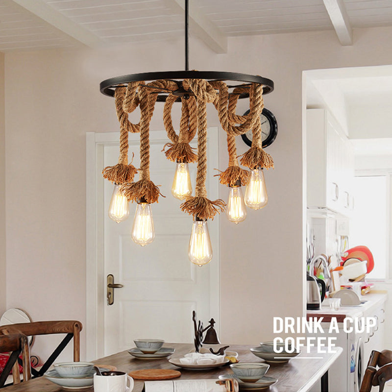 Industrial Exposed Bulb Chandelier Lamp Rope Suspension Pendant Light for Living Room