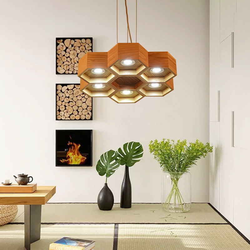 Lumière de lustre en bois en nid d'abeille contemporain 6 têtes beige pendante suspendue