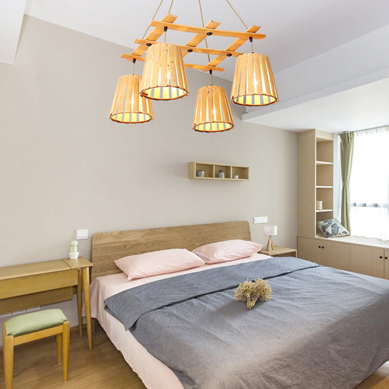 Araña colgante de barril beige moderno 4 luces 4 luces lámpara de techo colgante de madera para dormitorio
