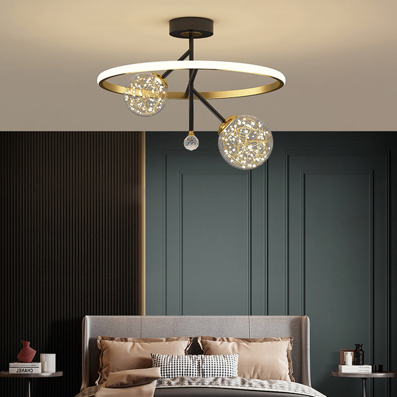 Black and Gold Loop Semi Flush Light Simple Style Metal LED Ceiling Light with Ball Clear Glass Shade