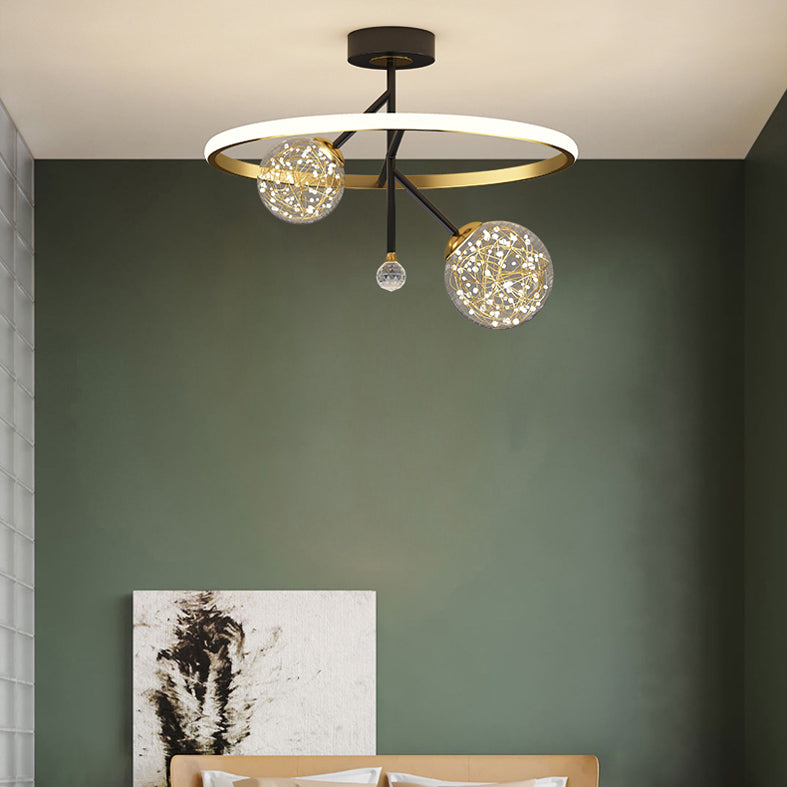 Black and Gold Loop Semi Flush Light Simple Style Metal LED Ceiling Light with Ball Clear Glass Shade