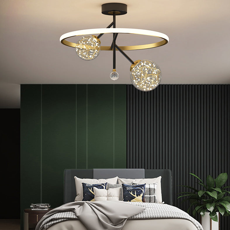 Black and Gold Loop Semi Flush Light Simple Style Metal LED Ceiling Light with Ball Clear Glass Shade