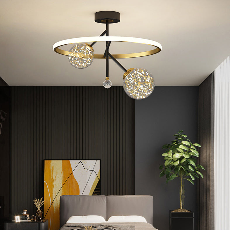 Black and Gold Loop Semi Flush Light Simple Style Metal LED Ceiling Light with Ball Clear Glass Shade