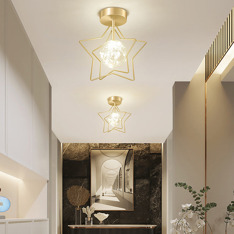 Ball and Star Shaded Ceiling Fixture Nordic Transparent Glass Balcony LED Flush Light in Gold