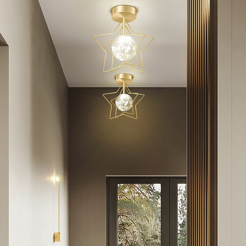 Ball and Star Shaded Ceiling Fixture Nordic Transparent Glass Balcony LED Flush Light in Gold