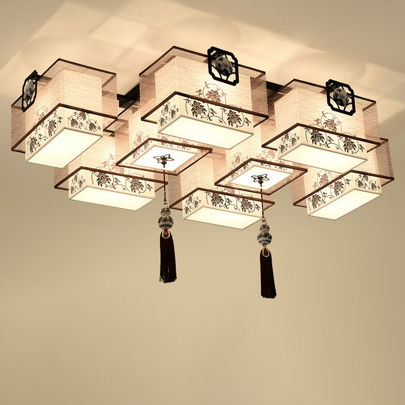 White Rectangular Semi Flush Mount in Traditional Artistic Style Fabrics Ceiling Light with Ceramic Flower Decoration