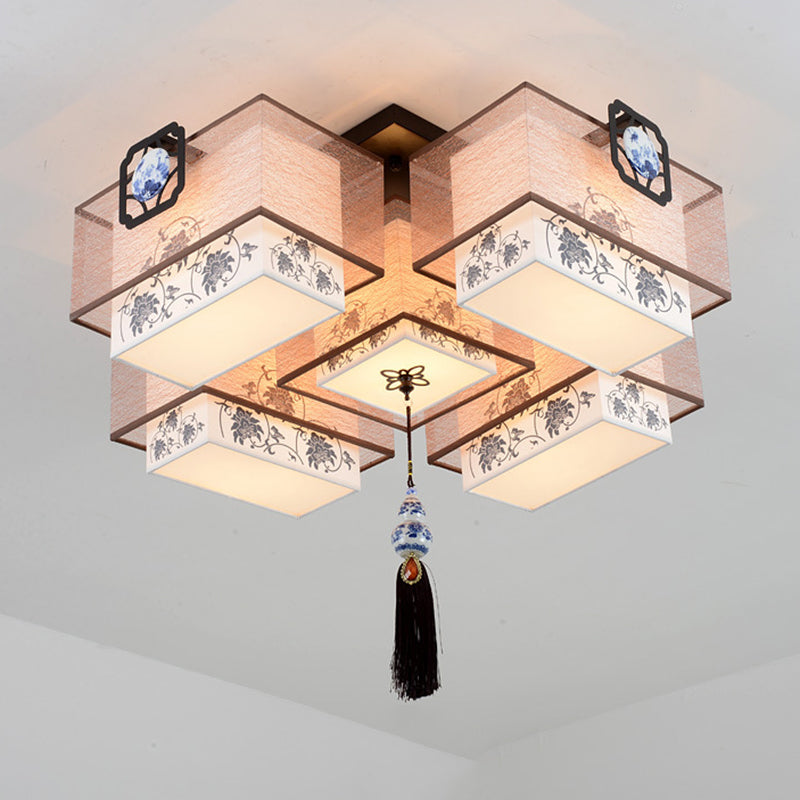 White Rectangular Semi Flush Mount in Traditional Artistic Style Fabrics Ceiling Light with Ceramic Flower Decoration