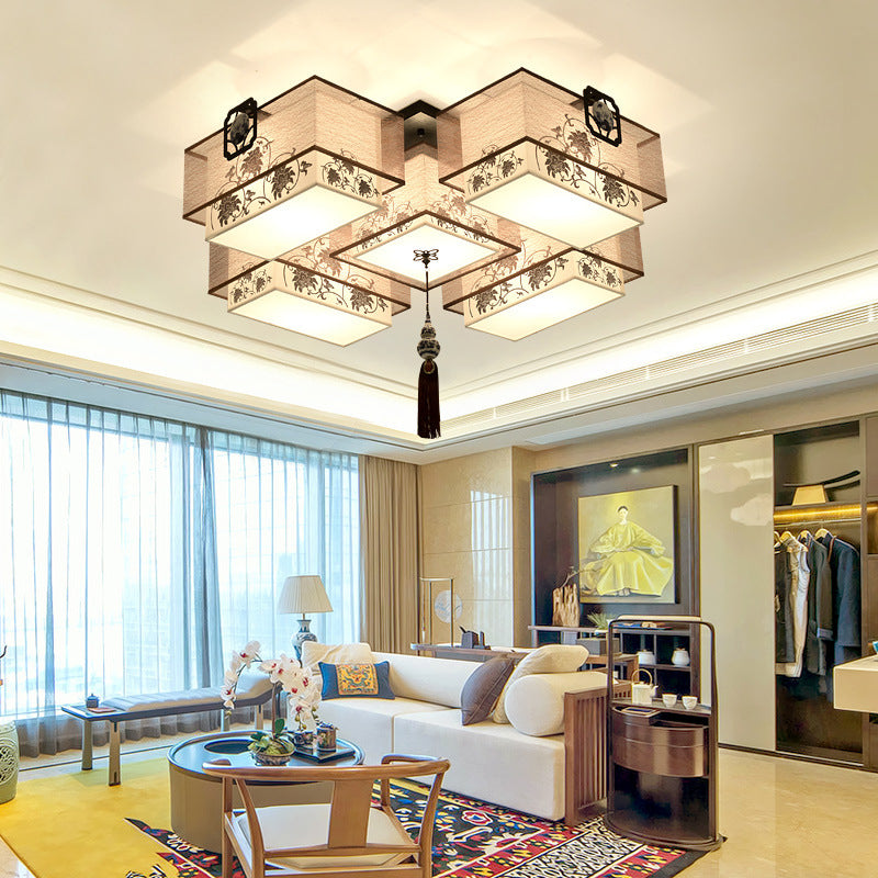 White Rectangular Semi Flush Mount in Traditional Artistic Style Fabrics Ceiling Light with Ceramic Flower Decoration