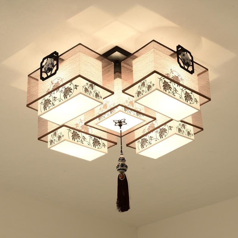 White Rectangular Semi Flush Mount in Traditional Artistic Style Fabrics Ceiling Light with Ceramic Flower Decoration