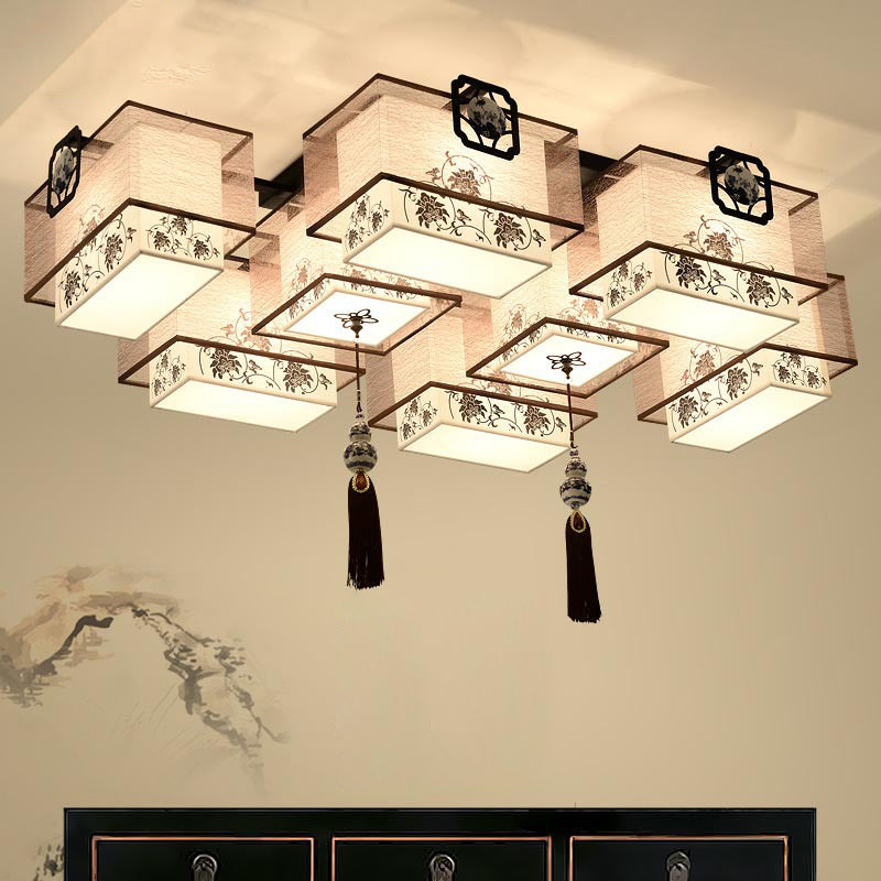 White Rectangular Semi Flush Mount in Traditional Artistic Style Fabrics Ceiling Light with Ceramic Flower Decoration