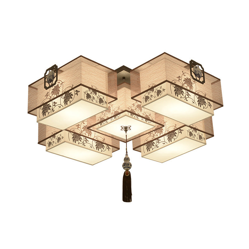 White Rectangular Semi Flush Mount in Traditional Artistic Style Fabrics Ceiling Light with Ceramic Flower Decoration