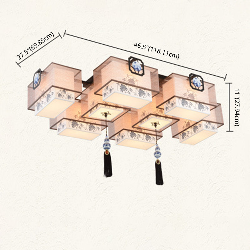 White Rectangular Semi Flush Mount in Traditional Artistic Style Fabrics Ceiling Light with Ceramic Flower Decoration