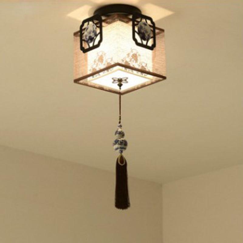 White Rectangular Semi Flush Mount in Traditional Artistic Style Fabrics Ceiling Light with Ceramic Flower Decoration