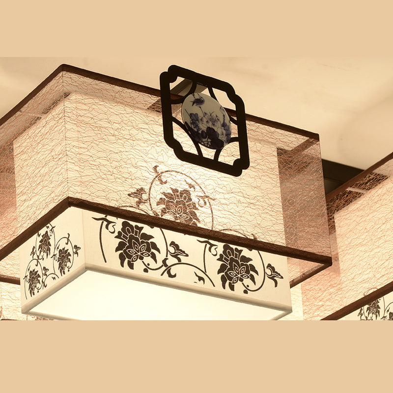 White Rectangular Semi Flush Mount in Traditional Artistic Style Fabrics Ceiling Light with Ceramic Flower Decoration