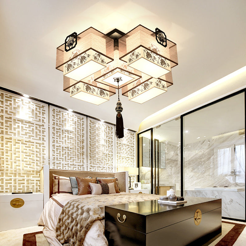 White Rectangular Semi Flush Mount in Traditional Artistic Style Fabrics Ceiling Light with Ceramic Flower Decoration