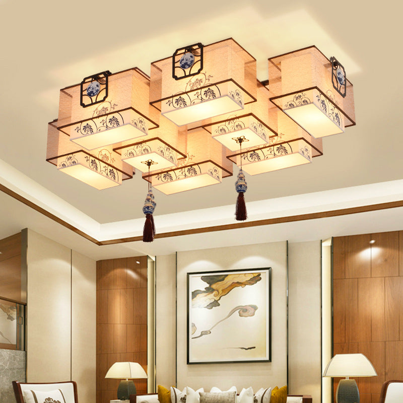 Beige Geometric Semi Flush Mount in Traditional Simplicity Wrought Iron Ceiling Light with Fabric Shade