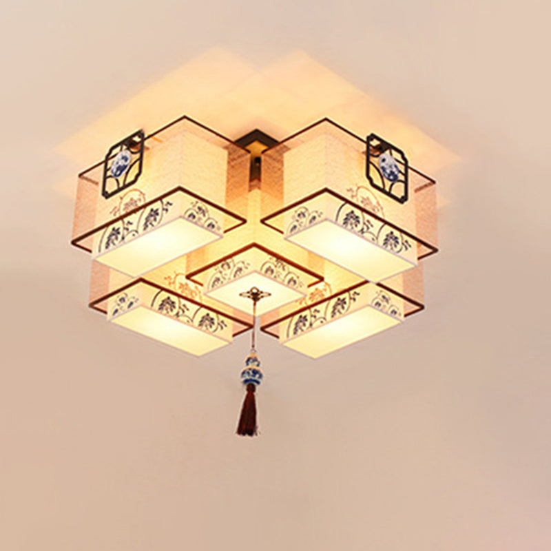 Beige Geometric Semi Flush Mount in Traditional Simplicity Wrought Iron Ceiling Light with Fabric Shade