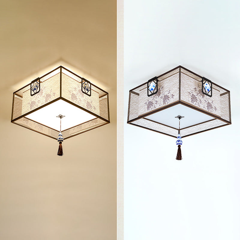 Beige Geometric Semi Flush Mount in Traditional Simplicity Wrought Iron Ceiling Light with Fabric Shade