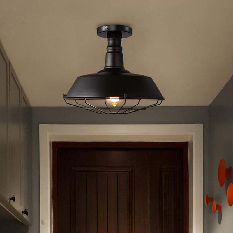 Industrial Vintage Wire Basket Ceiling Light 1-Light Black Semi-Flush Ceiling Mount Light