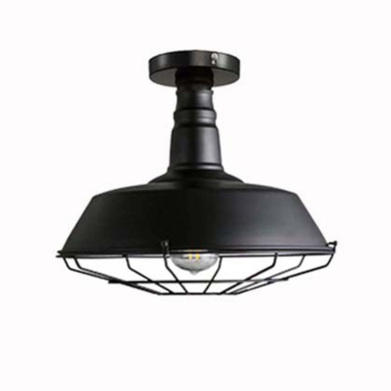 Industrial Vintage Wire Basket Ceiling Light 1-Light Black Semi-Flush Ceiling Mount Light