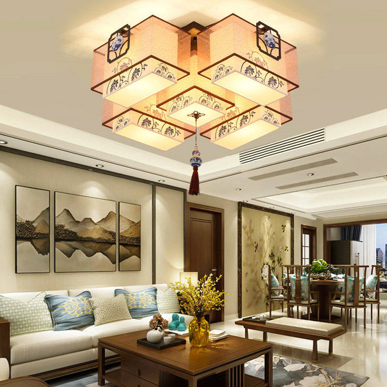 Beige Geometric Semi Flush Mount in Traditional Simplicity Wrought Iron Ceiling Light with Fabric Shade